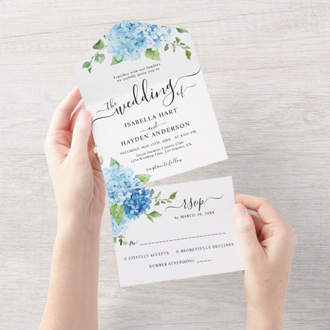 Invitation Tout En Un Hydrangea Blue Dusty Light Mariage floral RSVP (Déchirure)