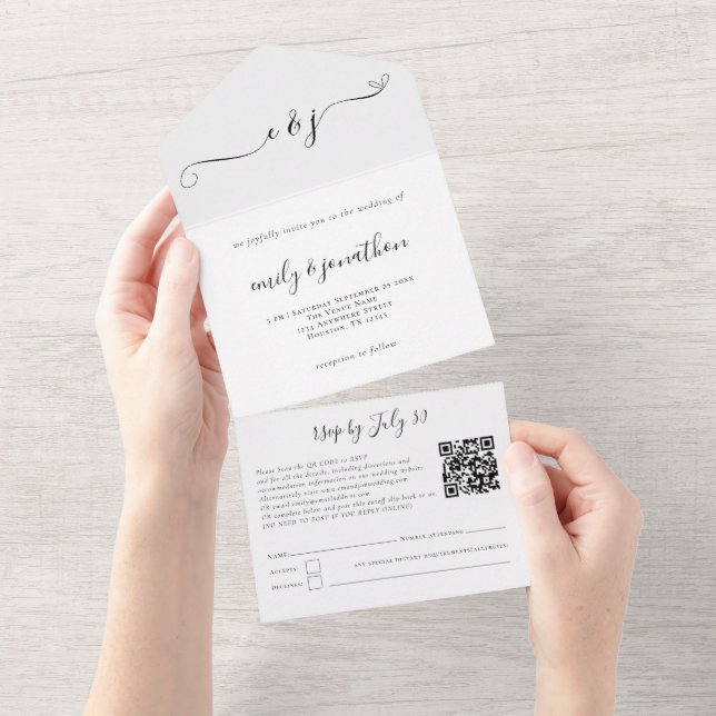 Invitation Tout En Un Initiales Code QR Écriture Élégante Couleur au cho (Déchirure)