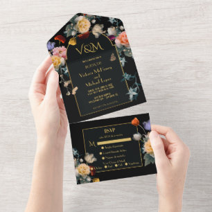 Invitation Tout En Un Initiales de mariage espagnol floral sombre et mau