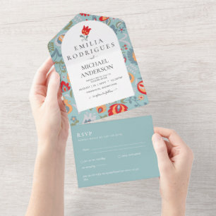 Invitation Tout En Un Invitación de Boda Español Inglés Rsvp FOLKART