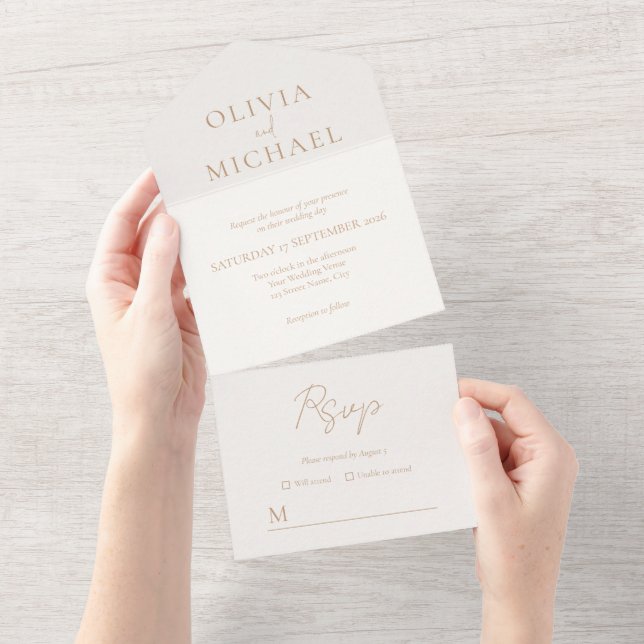 Invitation Tout En Un Ivoire simple et Mariage moderne Tan (Déchirure)
