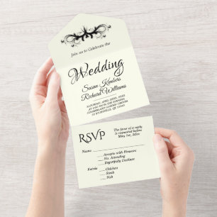 Invitation Tout En Un Ivory et noir triptyque avec RSVP de mariage