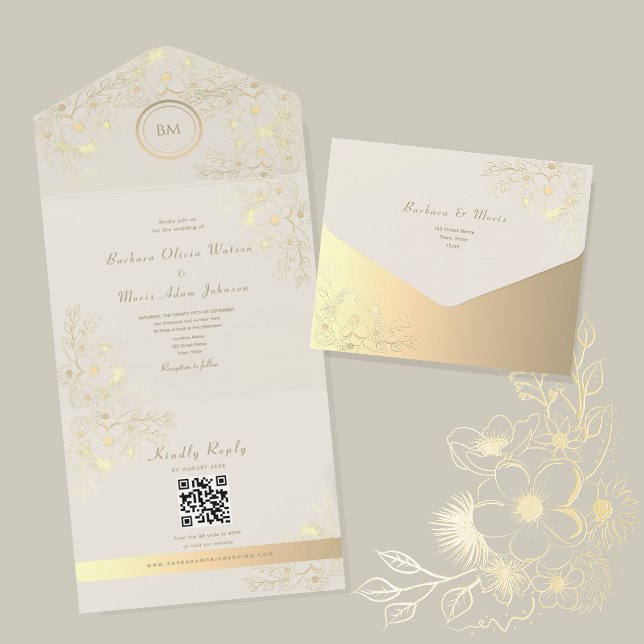 Invitation Tout En Un Ivory Gold Floral QR Code Wedding (Créateur téléchargé)