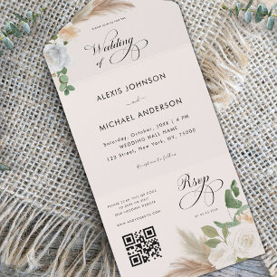 Invitation Tout En Un Ivory Pampas Grass Roses & Elegant Script Mariage