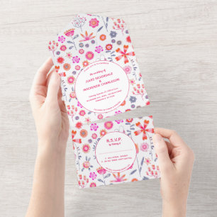 Invitation Tout En Un Jardin de fleurs roses moderne Mariage Boho