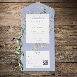 Invitation Tout En Un Jardin Élégant de Fleur Sauvage Bleue Mariage QR