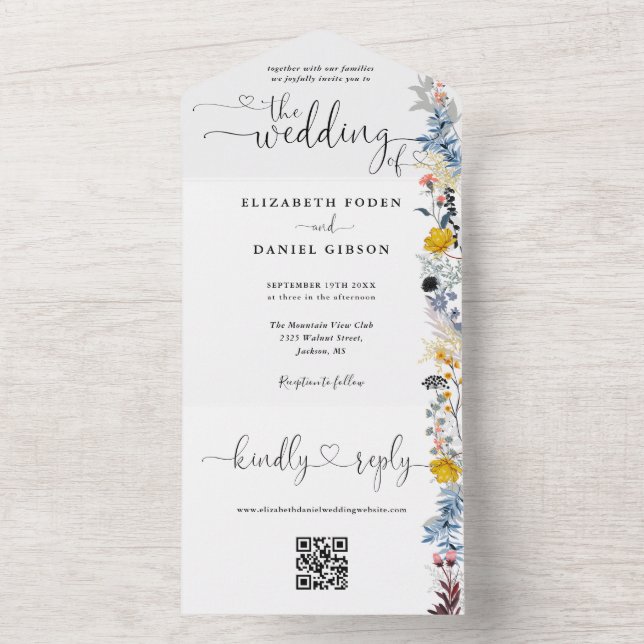 Invitation Tout En Un Jardin Floral QR Code Coeurs Script Mariage (À l'intérieur)