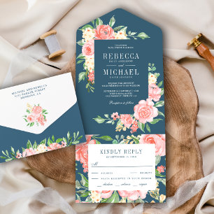 Invitation Tout En Un Jardin Floral rose pâle Rose Mariage bleu foncé