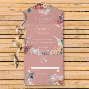 Invitation Tout En Un Jardin rose romantique moderne Floral QR Code