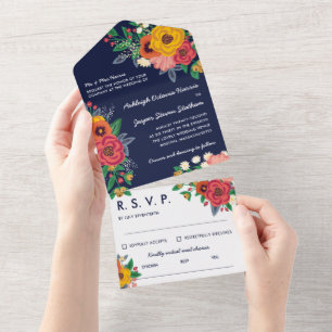 Invitation Tout En Un Jaune Doré Rouge Marine Fleurs Boho Tout En Un