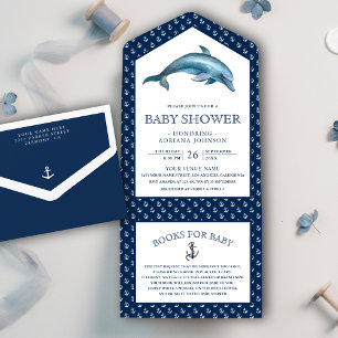 Invitation Tout En Un Joli dauphin Nautique Baby shower bleu marine