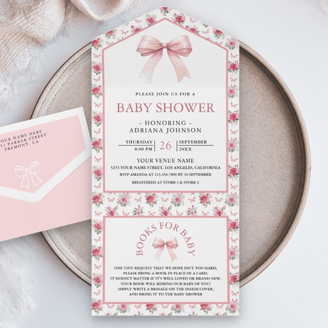 Invitation Tout En Un Joli Floral Rose Coquette Bow Baby shower (Créateur téléchargé)