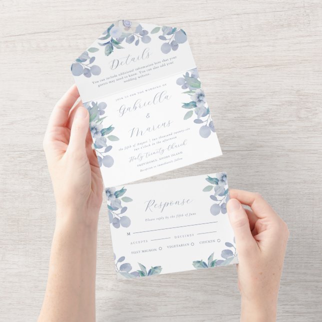 Invitation Tout En Un Joli Pastel Blue Aquarelle Mariage Floral (Déchirure)