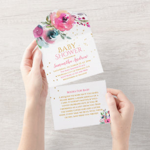 Invitation Tout En Un Jolie aquarelle rose Fleur Bébé Fille Douche