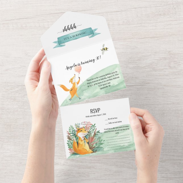 Invitation Tout En Un Jolie fête d'anniversaire de Fox surprise (Déchirure)