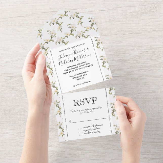 Invitation Tout En Un Jolies fleurs blanches (Déchirure)