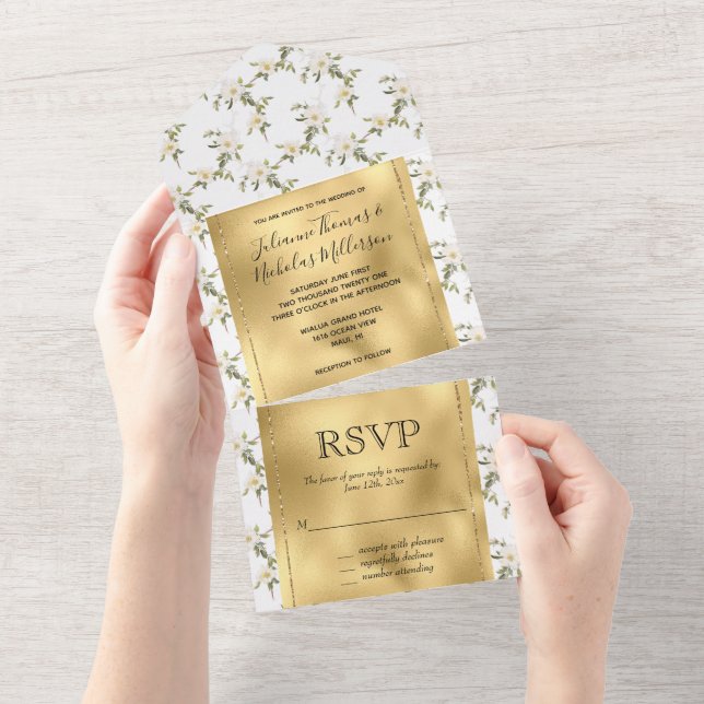 Invitation Tout En Un Jolies fleurs blanches or (Déchirure)