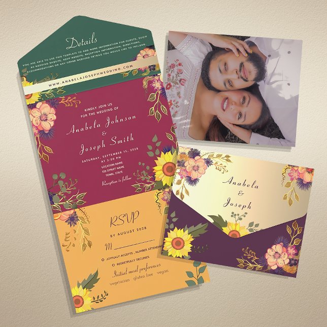 Invitation Tout En Un Joyau floral coloré Mariage de ton (Créateur téléchargé)