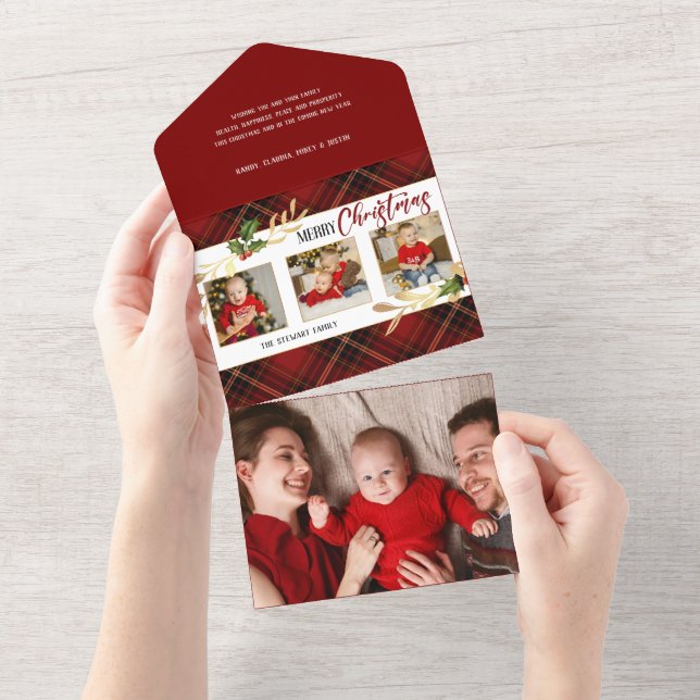 Invitation Tout En Un Joyeux Noël Gold Feuilles 3 photos Red Tartan (Déchirure)