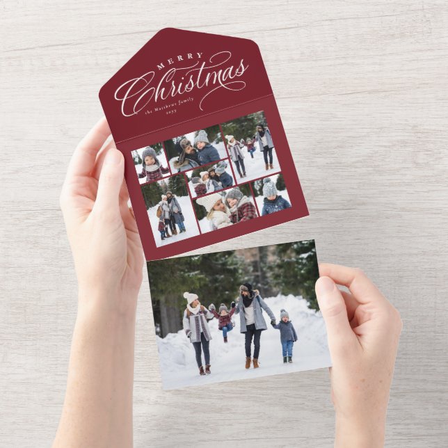 Invitation Tout En Un Joyeux Noël photo collage marron rouge tripli (Déchirure)