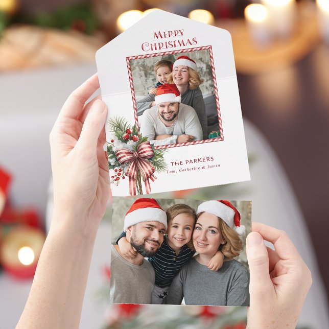 Invitation Tout En Un Joyeux Noël Sucre de canne Bow Photo (Créateur téléchargé)