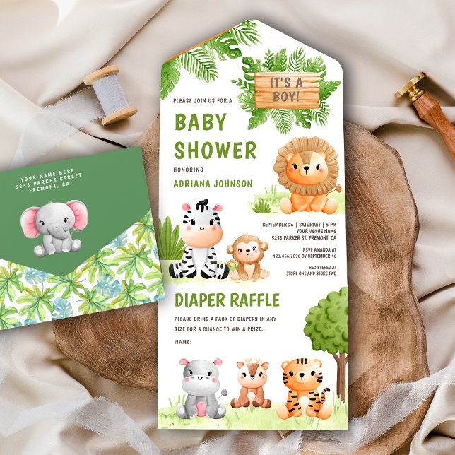Invitation Tout En Un Jungle Safari mignonne Animaux sauvages Baby showe (Créateur téléchargé)