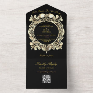 Invitation Tout En Un Jusqu'à la mort Gothique Noir et Or Code QR Mariag