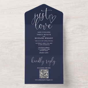 Invitation Tout En Un Just Love Modern Code QR Bleu Nuit Mariage