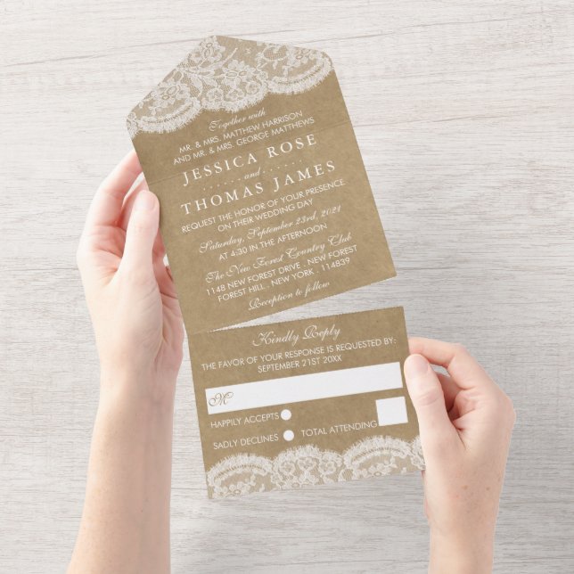 Invitation Tout En Un La collection de Mariages Kraft & Lace (Déchirure)