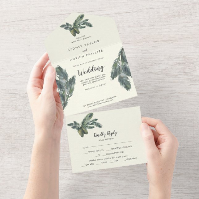 Invitation Tout En Un La verdure d'hiver | Mariage ivoire (Déchirure)