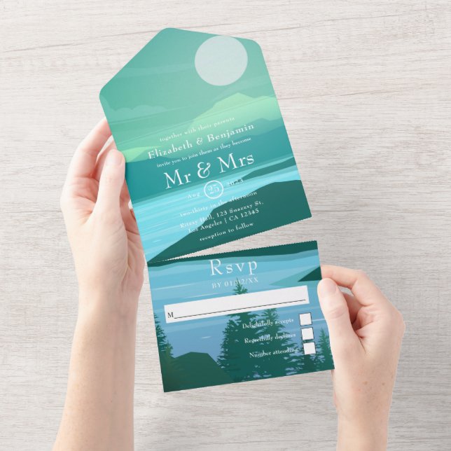 Invitation Tout En Un Lac Woodland Forest Mariage Tout en un (Déchirure)