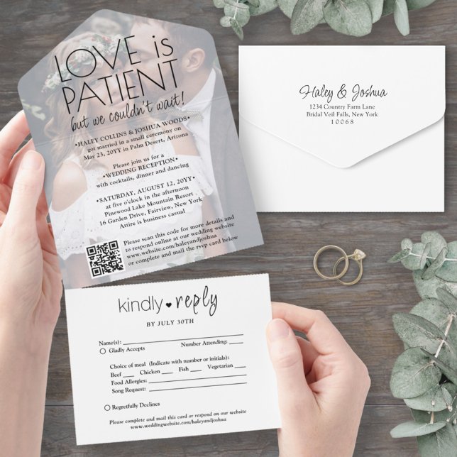 Invitation Tout En Un L'amour est le patient Elopement Réception Photo Q (Créateur téléchargé)