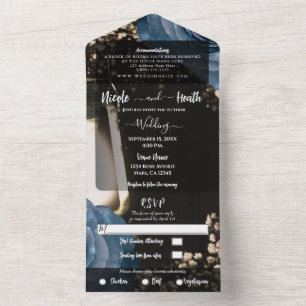 Invitation Tout En Un Lanterne Rustique & Roses Bleu Poussiéreux Mariage