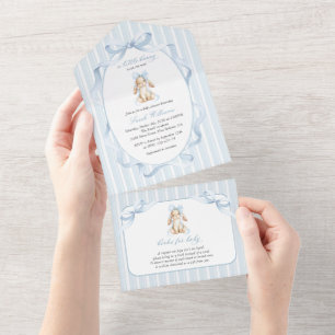 Invitation Tout En Un Lapin Mignon, Nœud Bleu, Rayures Bleues, Baby Show