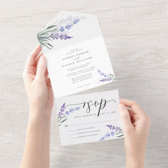 Invitation Tout En Un Lavande d'aquarelle romantique Mariage floral (Déchirure)