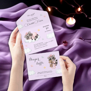 Invitation Tout En Un Lavande de Baby shower Raccoon