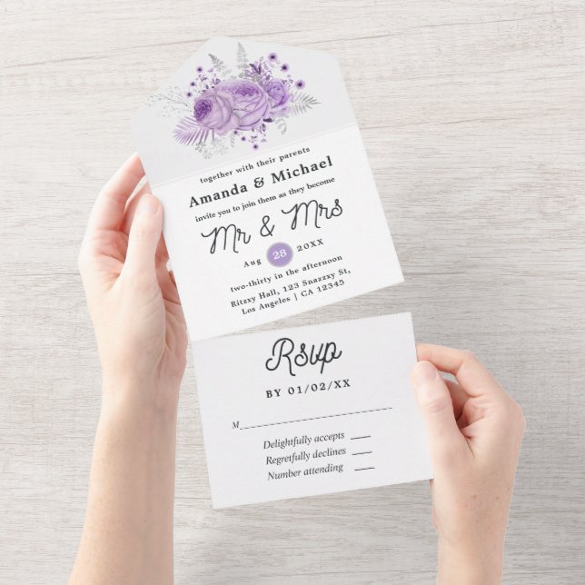 Invitation Tout En Un Lavande et Mariage floral argenté (Déchirure)