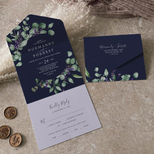 Invitation Tout En Un Lavande rustique et Eucalyptus   Mariage bleu mari