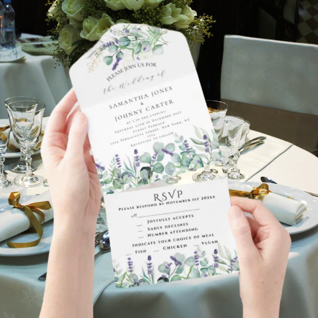 Invitation Tout En Un Lavande rustique et Mariage RSVP Eucalyptus (Créateur téléchargé)