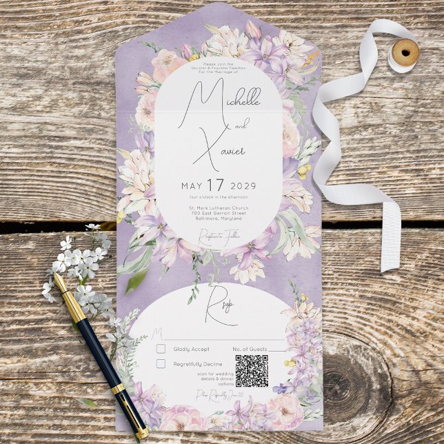Invitation Tout En Un Lavande rustique & Pink Pastel Floral QR Code (Créateur téléchargé)
