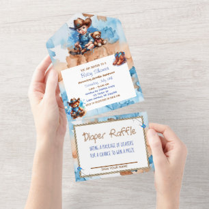 Invitation Tout En Un Le Baby shower de Cowboy et Teddy Bear Boy
