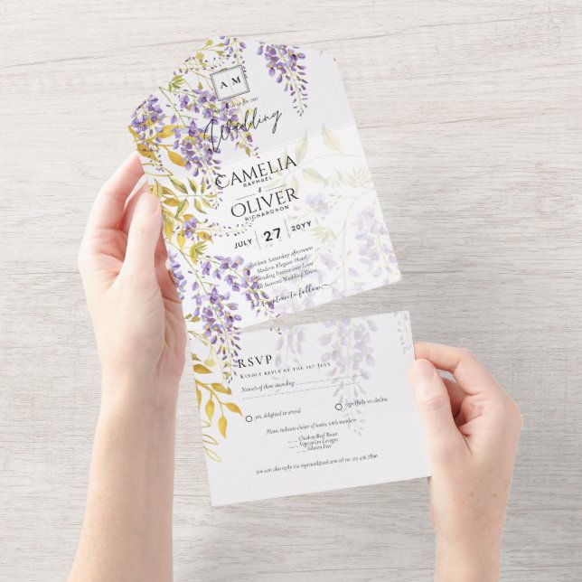 Invitation Tout En Un LeahG Purple Gold WISTERIA Floral Wedal INVITE (Déchirure)