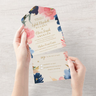 Invitation Tout En Un L'élégance sauvage   Navy Blush & Gold Mariage