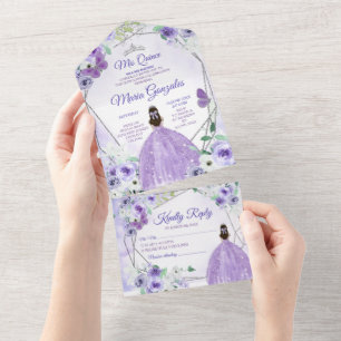 Invitation Tout En Un Lila Violet Floral Princess Quinceañera
