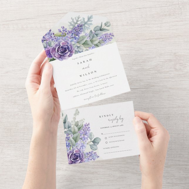 Invitation Tout En Un Lilac Succulent Eucalyptus Botanical Bunch Mariage (Déchirure)