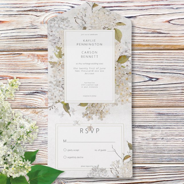 Invitation Tout En Un Lilacs blancs romantiques rustiques sur blanc Sans (Rustic Romantic White Lilacs on White No Dinner All In One Invitation)