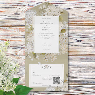 Invitation Tout En Un Lilacs blancs romantiques rustiques sur Sage QR Co