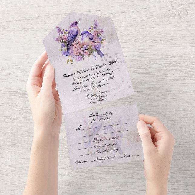 Invitation Tout En Un Lilacs et Bluebirds (Déchirure)