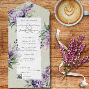Invitation Tout En Un Lilacs & Heather on Sage Green avec code QR