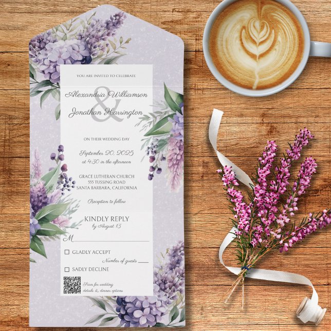Invitation Tout En Un Lilacs & Heather sur Lavender avec code QR (Créateur téléchargé)